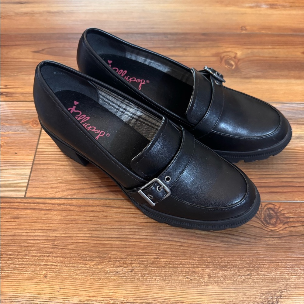 Jelly Pop Black Oxford Heeled Loafer Chunky Heel Buckle Sz 9.5M 90’s Y2K Grunge